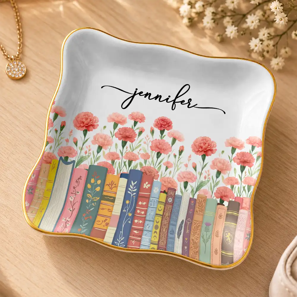 Christmas,Reading,Gift For Yourself,Icon,Happy - Book Lovers Birth Month Flower Keepsake Gift For Her - Personalized Ring Dish