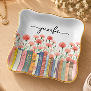Christmas,Reading,Gift For Yourself,Icon,Happy - Book Lovers Birth Month Flower Keepsake Gift For Her - Personalized Ring Dish