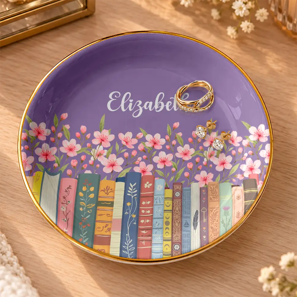 Christmas,Reading,Gift For Yourself,Icon,Happy - Book Lovers Birth Month Flower Keepsake Gift For Her - Personalized Ring Dish