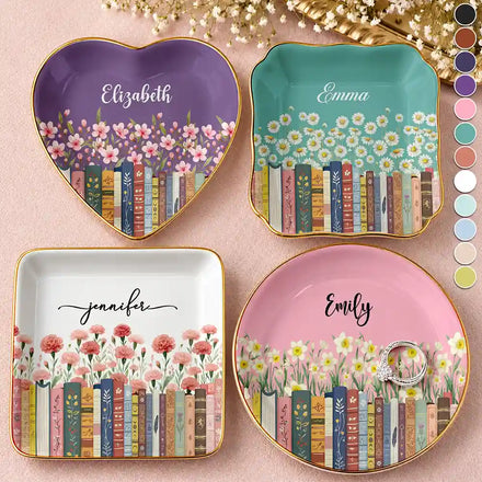 Book Lovers Birth Month Flower Keepsake Gift For Her - Personalized Ring Dish