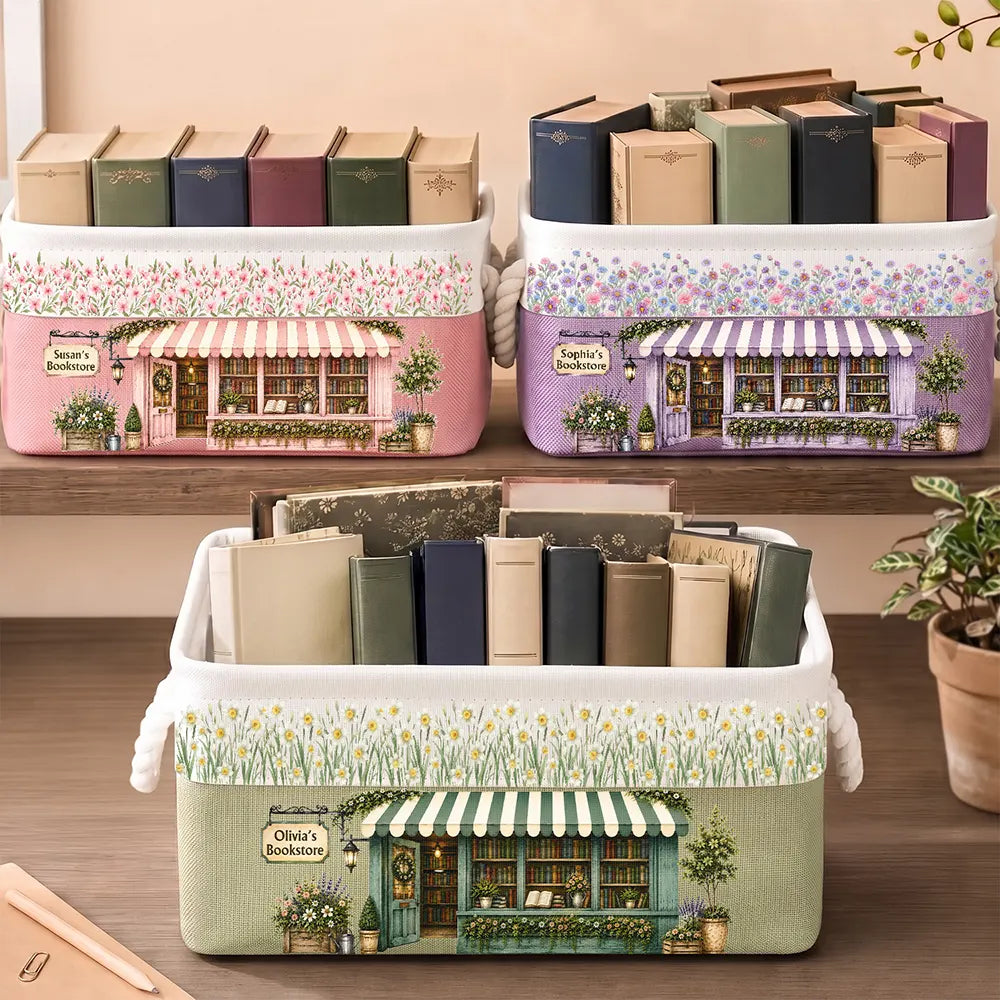 Top Market,Back To School,Cozy,Reading,Gift For Yourself,Gift For Women,Icon - Book Lovers Corner Bookshop With Birth Month Flower - Personalized Storage Basket
