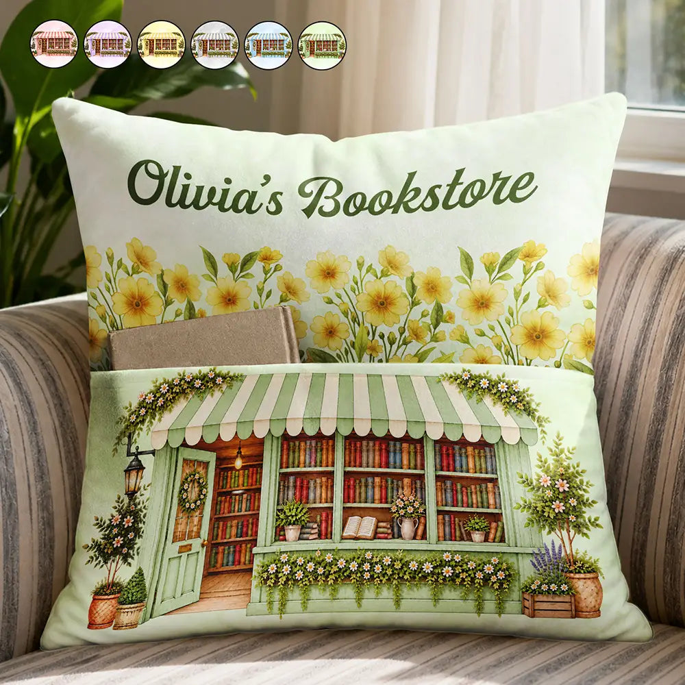 Book Lovers Corner Bookstore With Birth Month Flower - Personalized Pocket Pillow