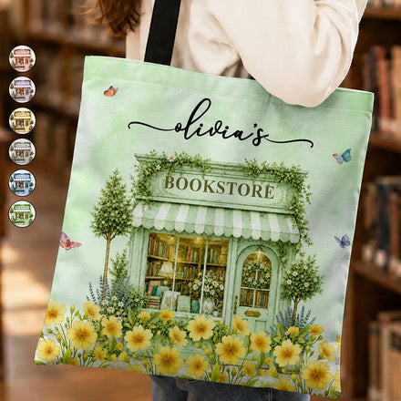 Book Lovers Corner Bookstore With Birth Month Flower - Personalized Tote Bag