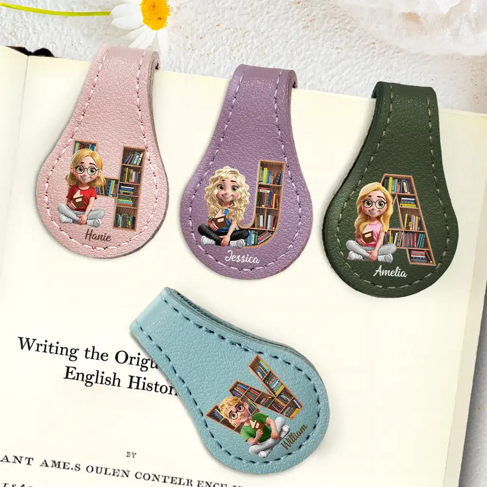 Reading,Gift For Yourself,Gift For Women,Happy - Bookish Monogram Girl With Book - Personalized Circle Leather Magnetic Bookmark