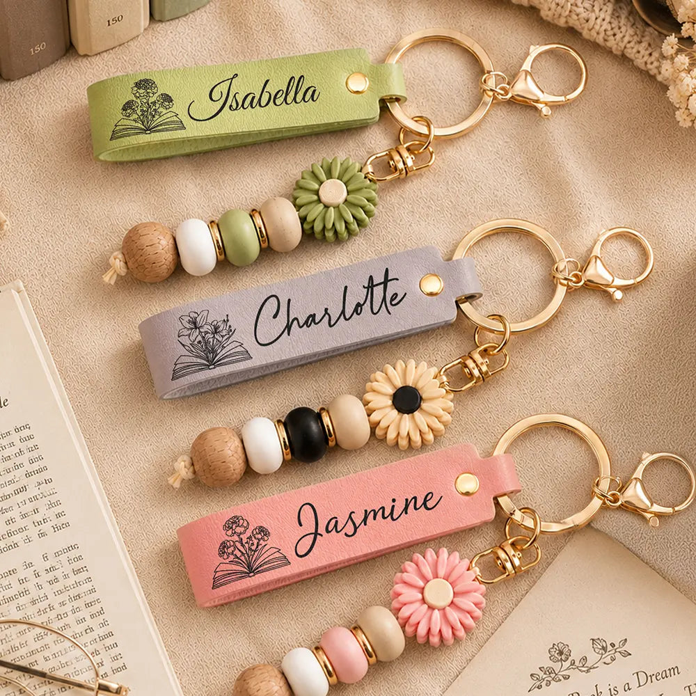 Books Birth Month Flower - Personalized Leather Beaded Keychain