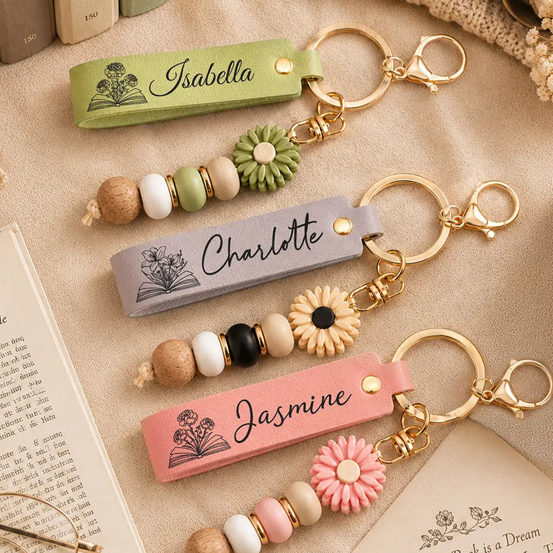 Gift For Yourself, Gift For Women, Reading, Adorable, Icon - Books Birth Month Flower - Personalized Leather Beaded Keychain