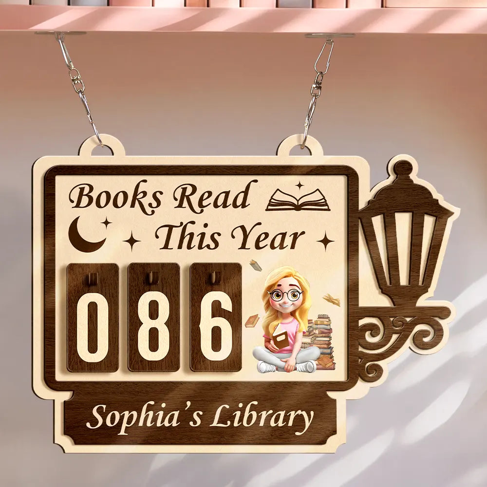 Books Read This Year 3D Effect Reading Girl - Personalized Hanging Tracker Sign