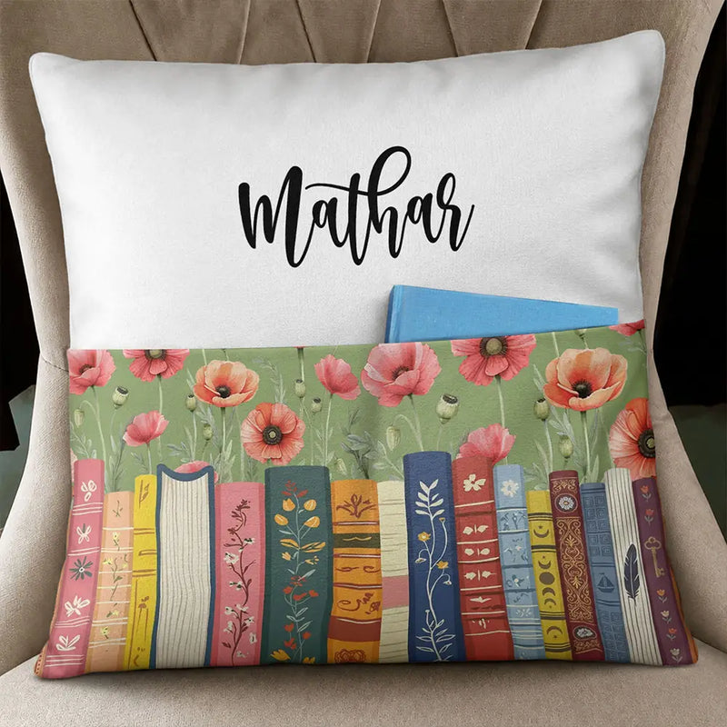 Christmas, Cozy, Reading, Gift For Yourself, Icon - Bookshelf Birth Month Flower - Personalized Pocket Pillow