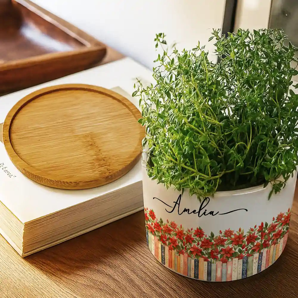 Adorable,Reading,Gift For Yourself,Icon - Bookshelf Flower Garden - Personalized Ceramic Plant Pot