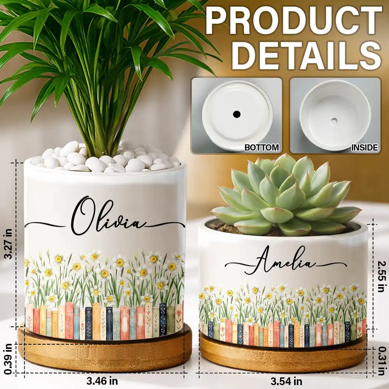 Adorable,Reading,Gift For Yourself,Icon - Bookshelf Flower Garden - Personalized Ceramic Plant Pot