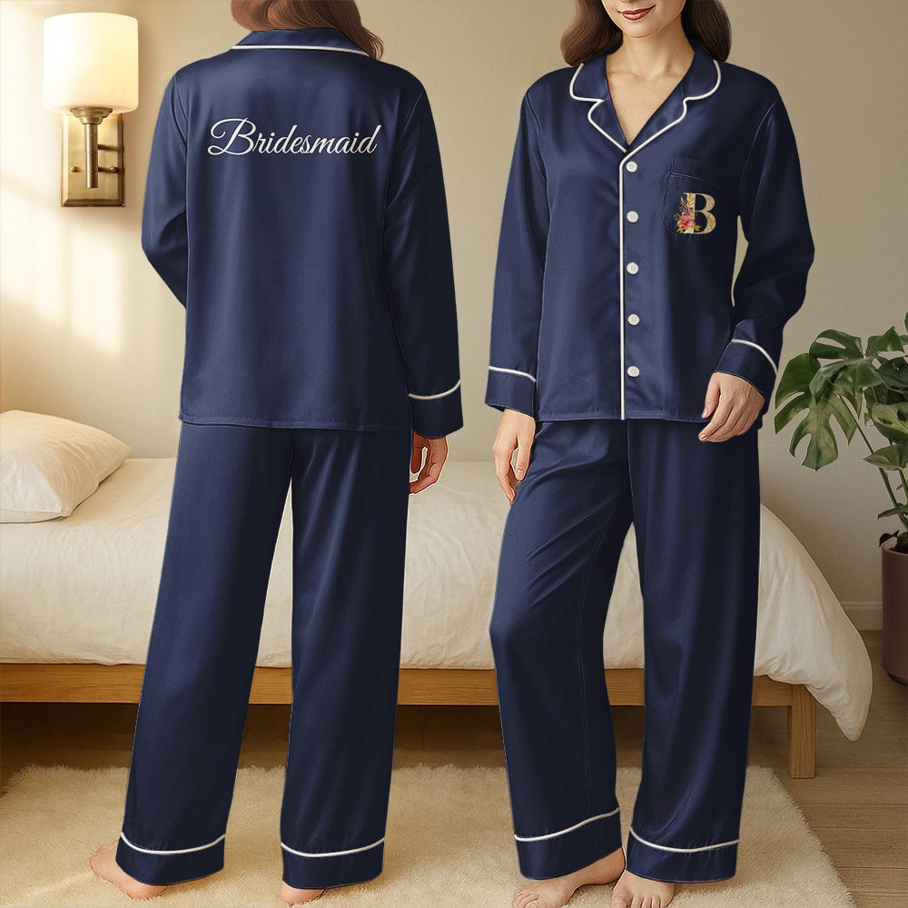 Happy, Gift For Bestie, Wedding, Gift For Sisters, Gift For Women - Bridal Party Bridesmaid - Personalized Satin Pajama Set