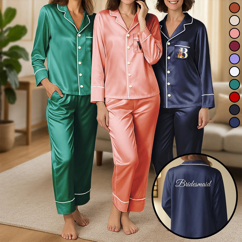 Happy, Gift For Bestie, Wedding, Gift For Sisters, Gift For Women - Bridal Party Bridesmaid - Personalized Satin Pajama Set