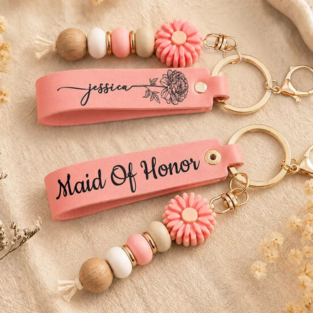 Bridesmaids Gift Birth Month Flower - Personalized Leather Beaded Keychain