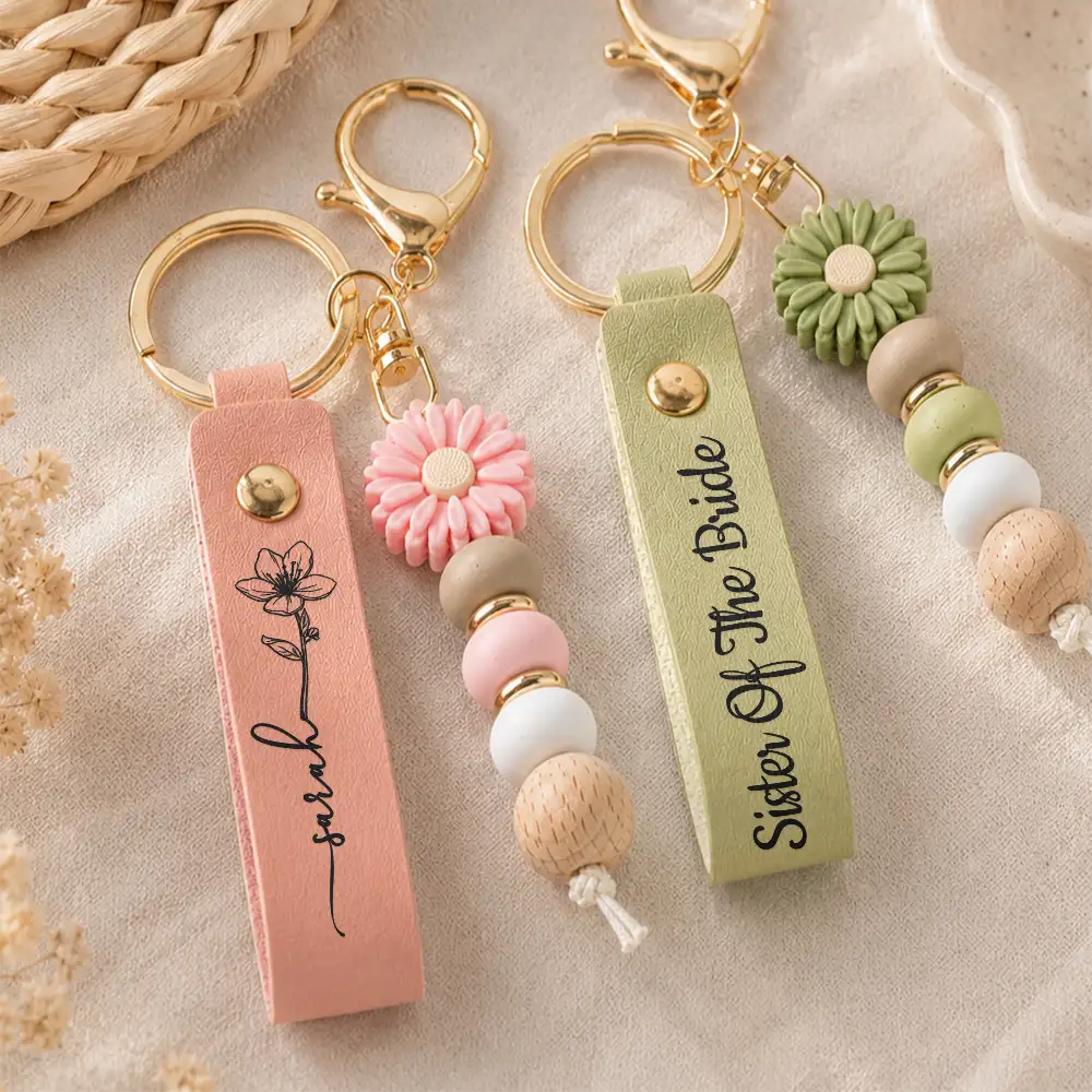 Sentimental, Wedding, Icon - Bridesmaids Gift Birth Month Flower - Personalized Leather Beaded Keychain