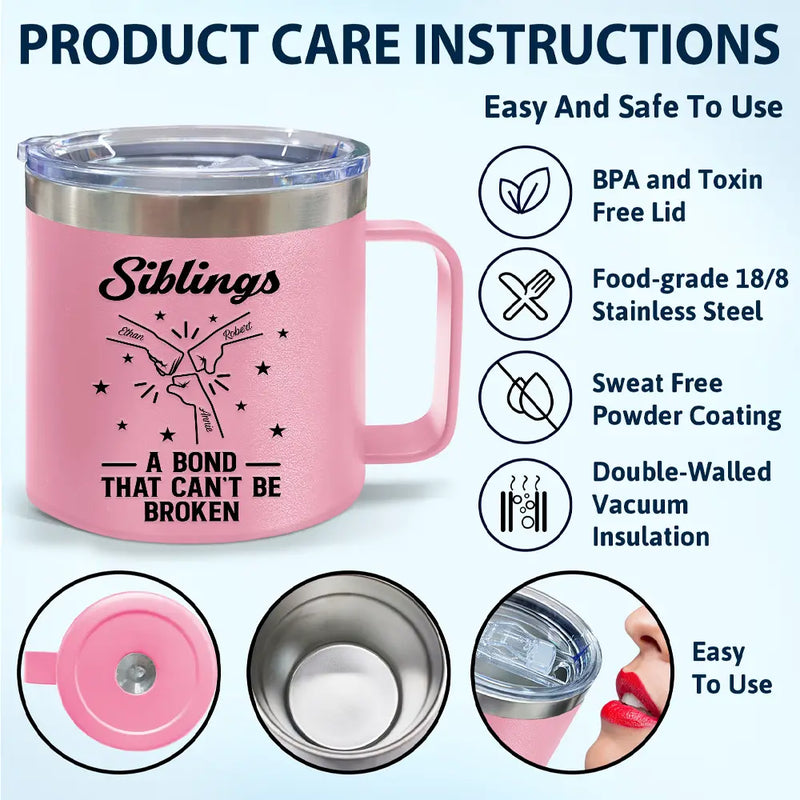 Gift For Brothers, Gift For Sisters, Gift For Sibling, Cousin, Gift For Women, Gift For Men, Happy - Brothers A Bond That Can't Be Broken - Personalized 14oz Stainless Steel Tumbler With Handle