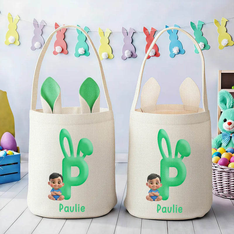 Gift For Kids,Grandpa - Grandkids,Grandma - Grandkids,Gift For Grandkids,Easter - Bunny Alphabet With Kid Baby Sitting 3D Effect - Personalized Bunny Ears Bucket Bag
