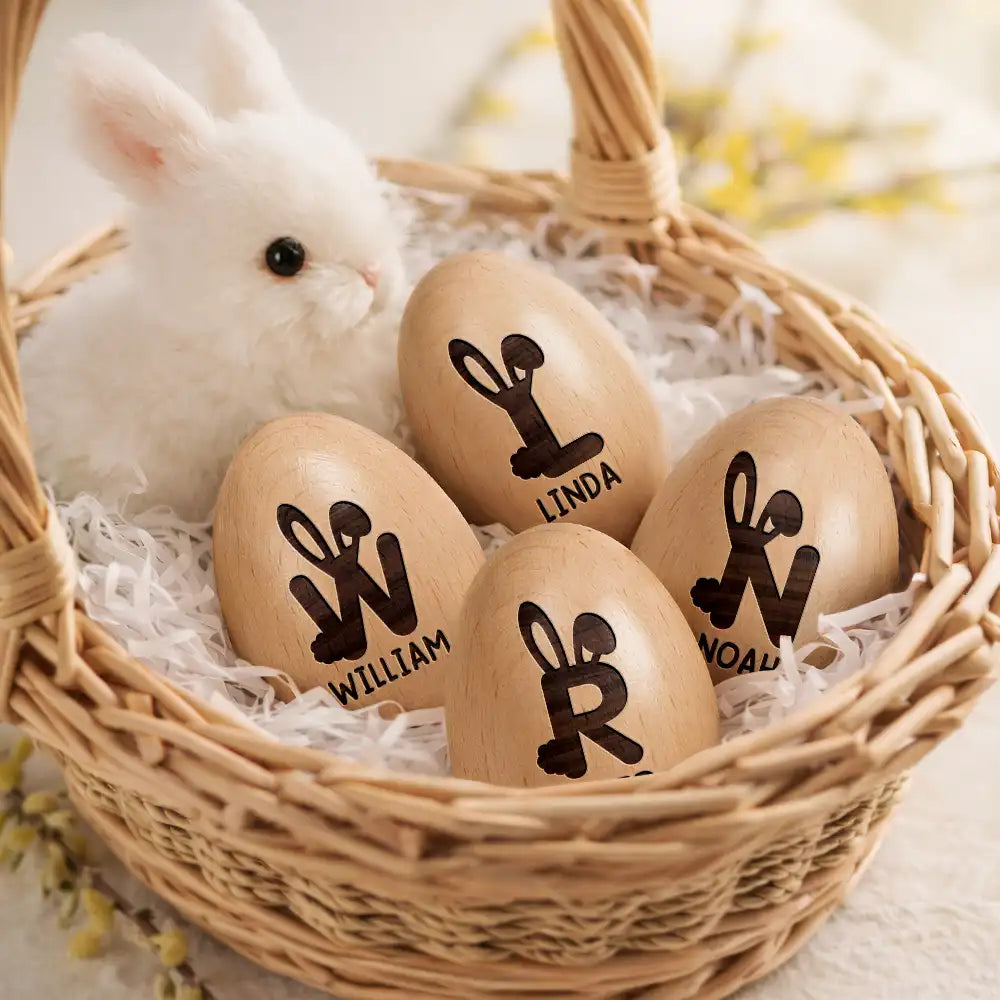 Gift For Kids, Gift For Grandkids, Non-Eng - Bunny Monogram Letter - Personalized Musical Wooden Easter Egg Shaker
