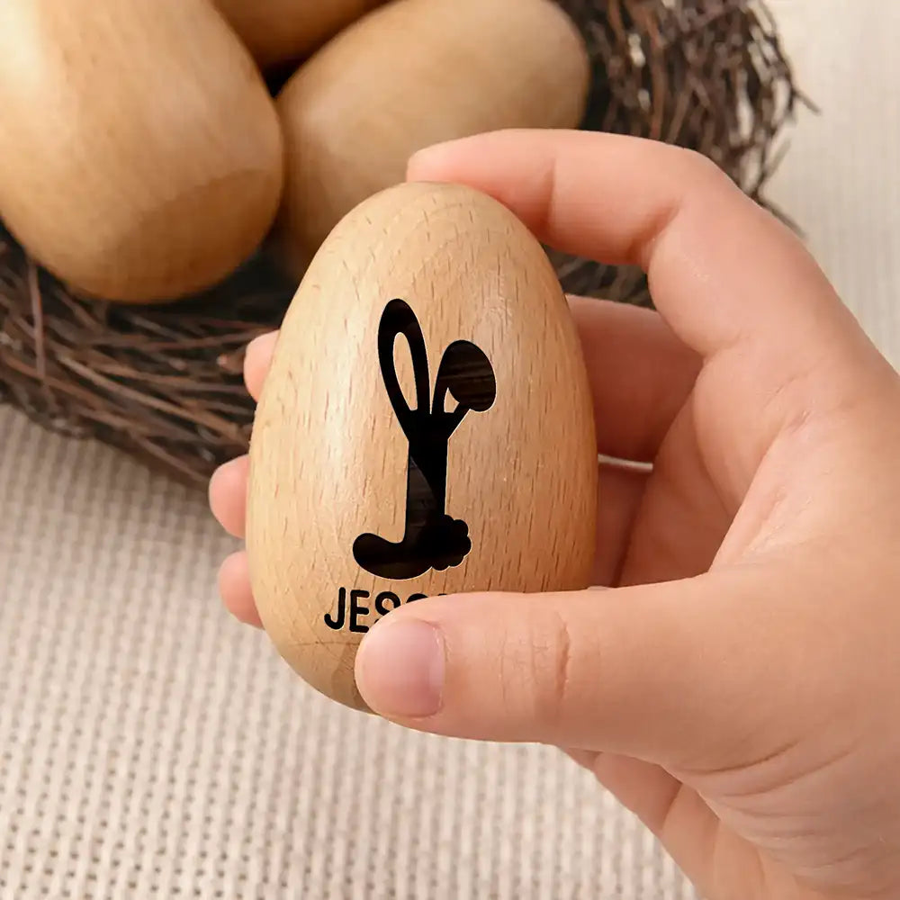 Gift For Kids, Gift For Grandkids, Non-Eng - Bunny Monogram Letter - Personalized Musical Wooden Easter Egg Shaker