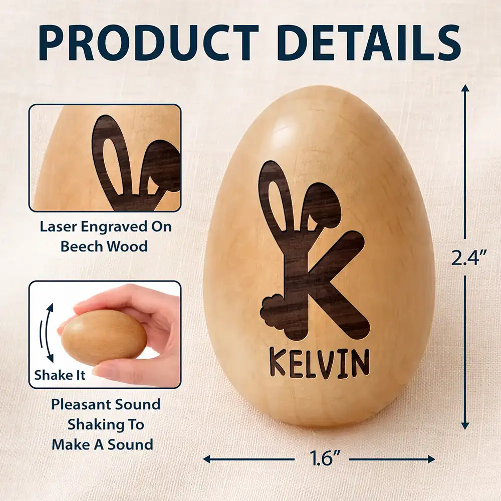 Gift For Kids, Gift For Grandkids, Non-Eng - Bunny Monogram Letter - Personalized Musical Wooden Easter Egg Shaker