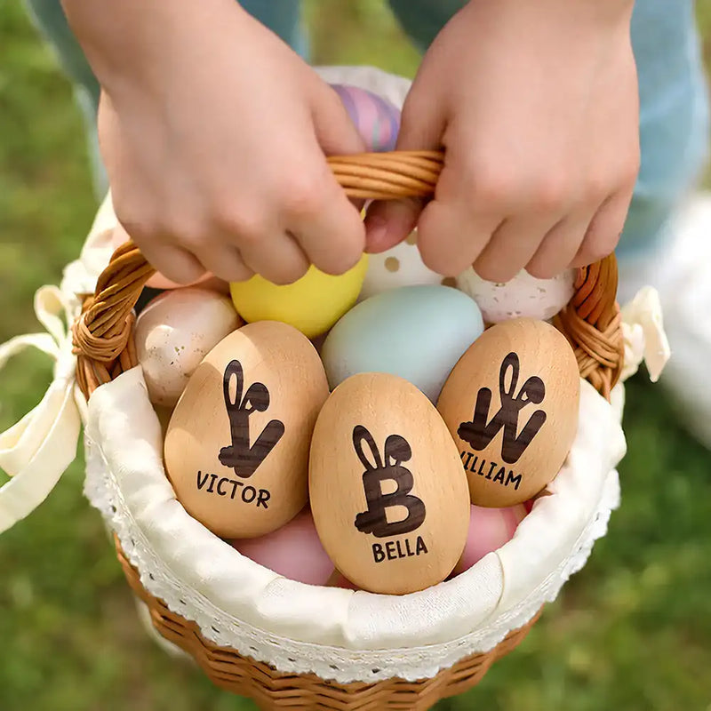 Gift For Kids, Gift For Grandkids, Non-Eng - Bunny Monogram Letter - Personalized Musical Wooden Easter Egg Shaker