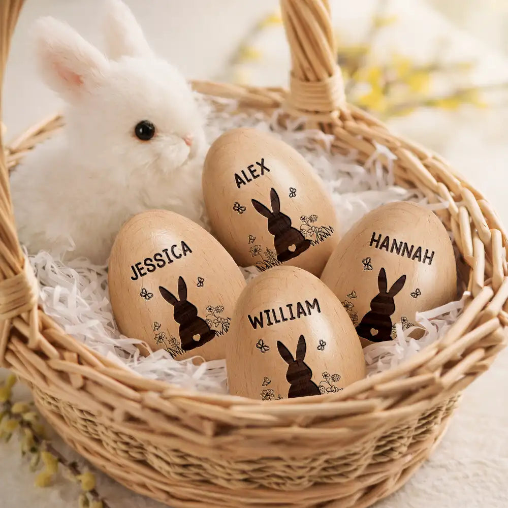 Gift For Kids,Grandma - Grandkids,Gift For Grandkids,Dad - Children,Mom - Children,Easter,Happy - Bunny With Spring Flowers - Personalized Musical Wooden Easter Egg Shaker