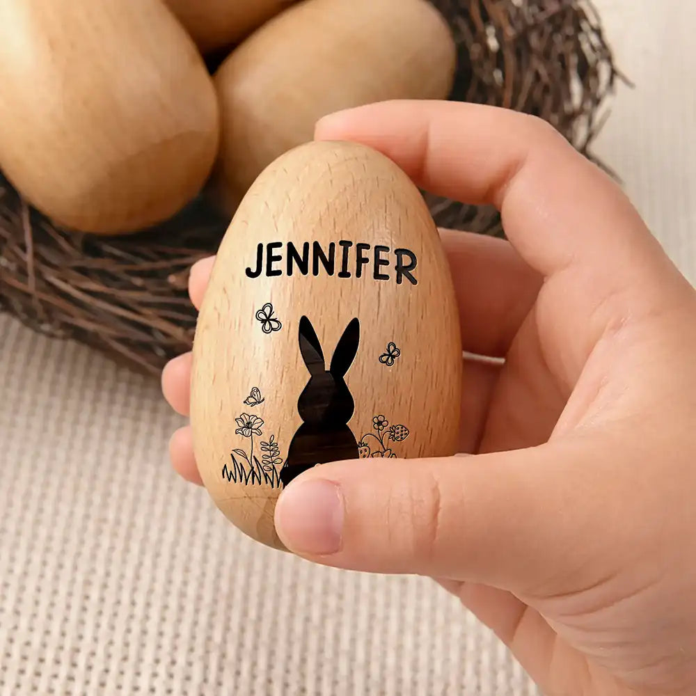 Gift For Kids,Grandma - Grandkids,Gift For Grandkids,Dad - Children,Mom - Children,Easter,Happy - Bunny With Spring Flowers - Personalized Musical Wooden Easter Egg Shaker