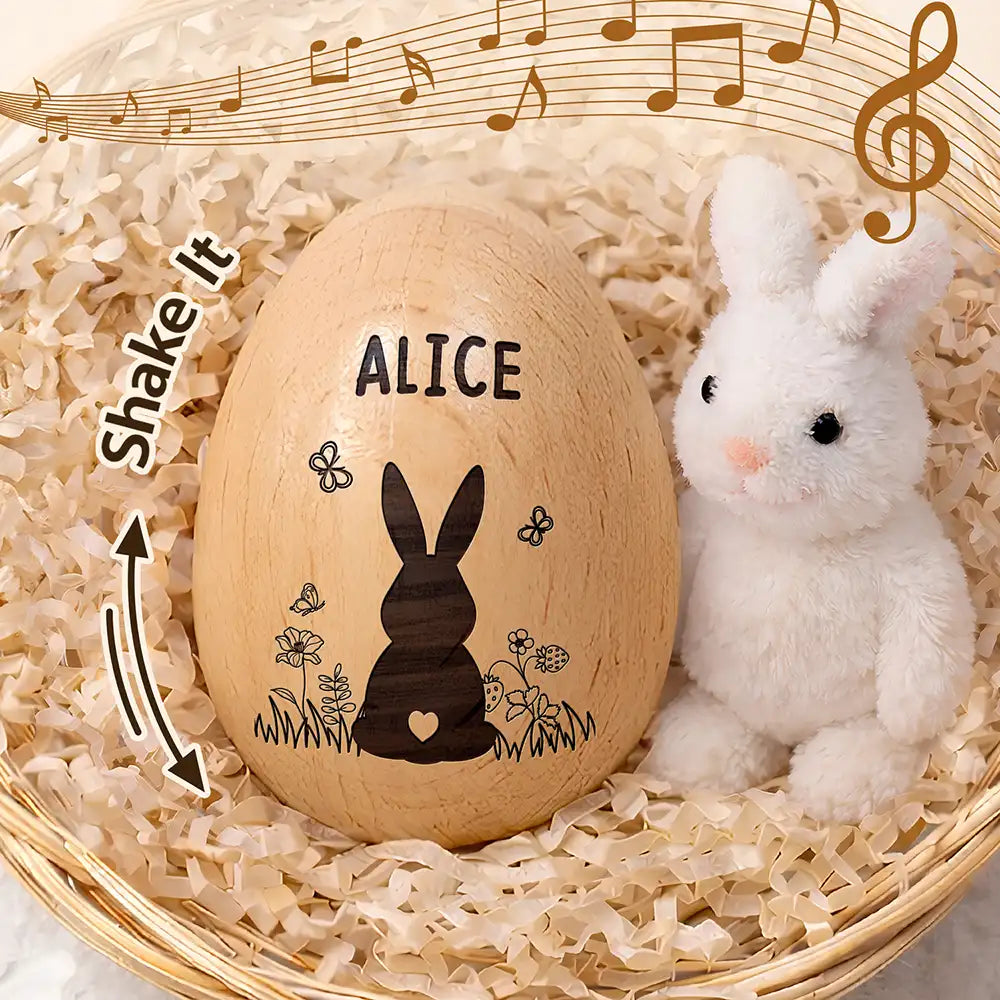 Bunny With Spring Flowers - Personalized Musical Wooden Easter Egg Shaker