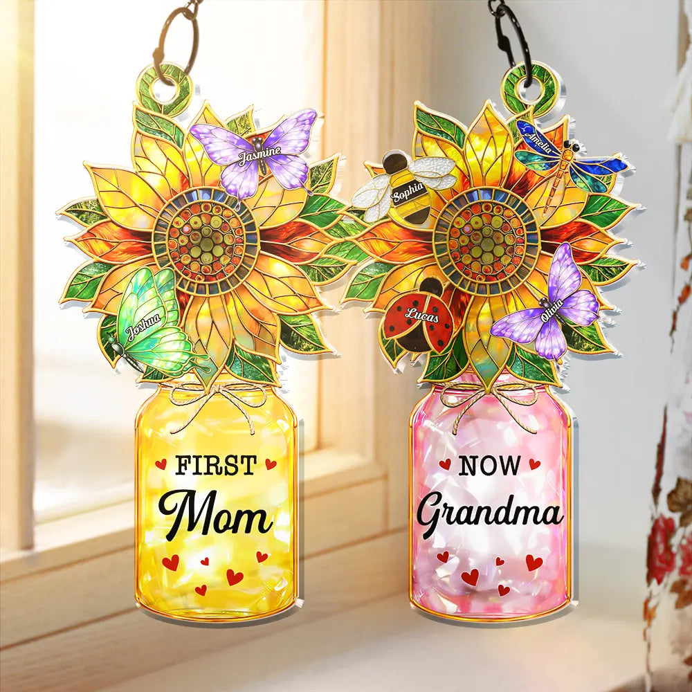 First Mom Now Grandma Sunflower Love Bugs - Personalized Window Hanging Suncatcher Ornament