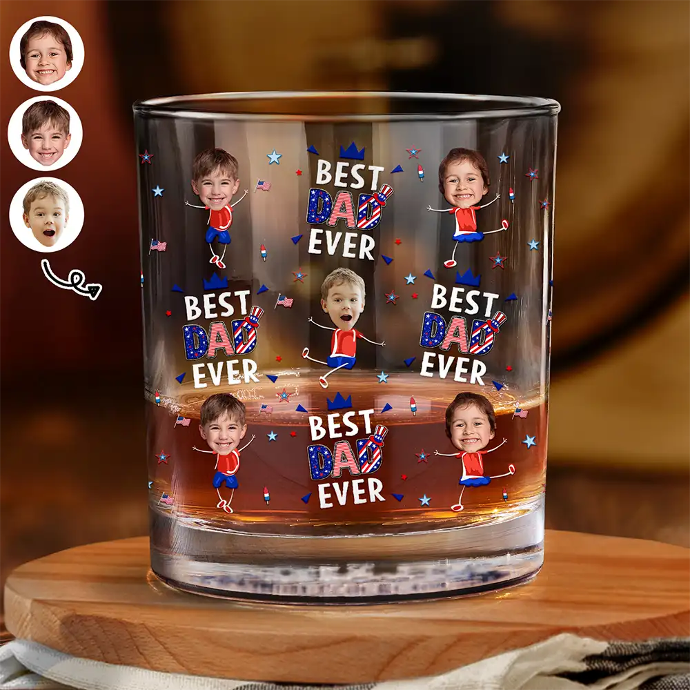 Custom Photo Stars & Stripes Best Mom Dad Grandma Grandpa Ever - Personalized Whiskey Glass