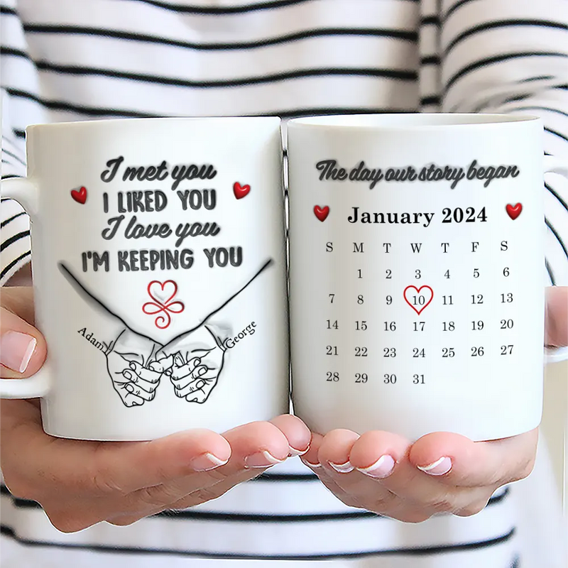 Top Market,Wedding Anniversary,Old Couples,Romantic,Gift For Couples,Calendar - Calendar Couple Holding Hands I Met You Liked You Love You 3D Inflated Effect - Personalized White Edge-to-Edge Mug