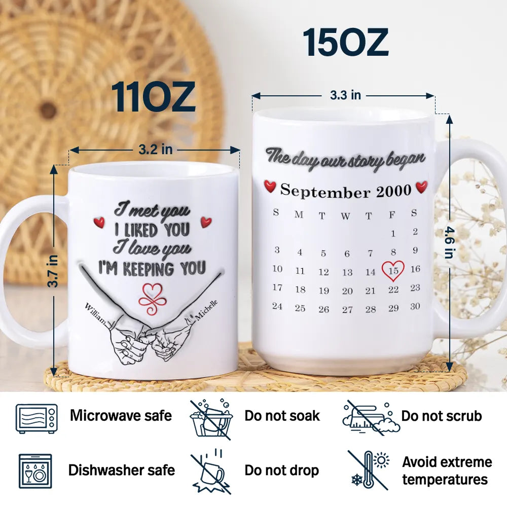 Top Market,Wedding Anniversary,Old Couples,Romantic,Gift For Couples,Calendar - Calendar Couple Holding Hands I Met You Liked You Love You 3D Inflated Effect - Personalized White Edge-to-Edge Mug