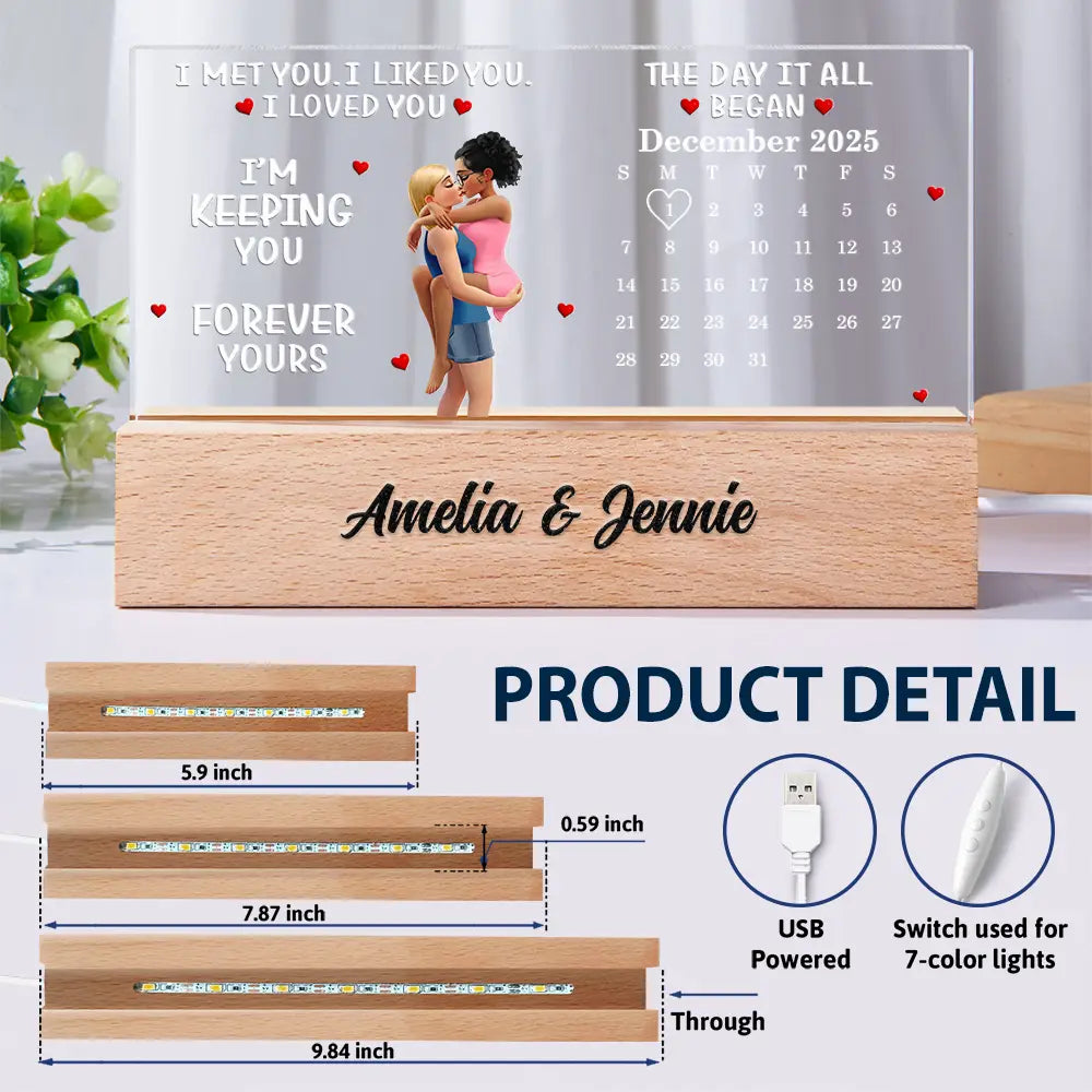 Gift For Couples, Gift For Husband, Gift For Wife, Gift For Boyfriend, Gift For Girlfriend, Love - Calendar I Met You Liked You Love You Forever - Personalized Rectangle LED Light