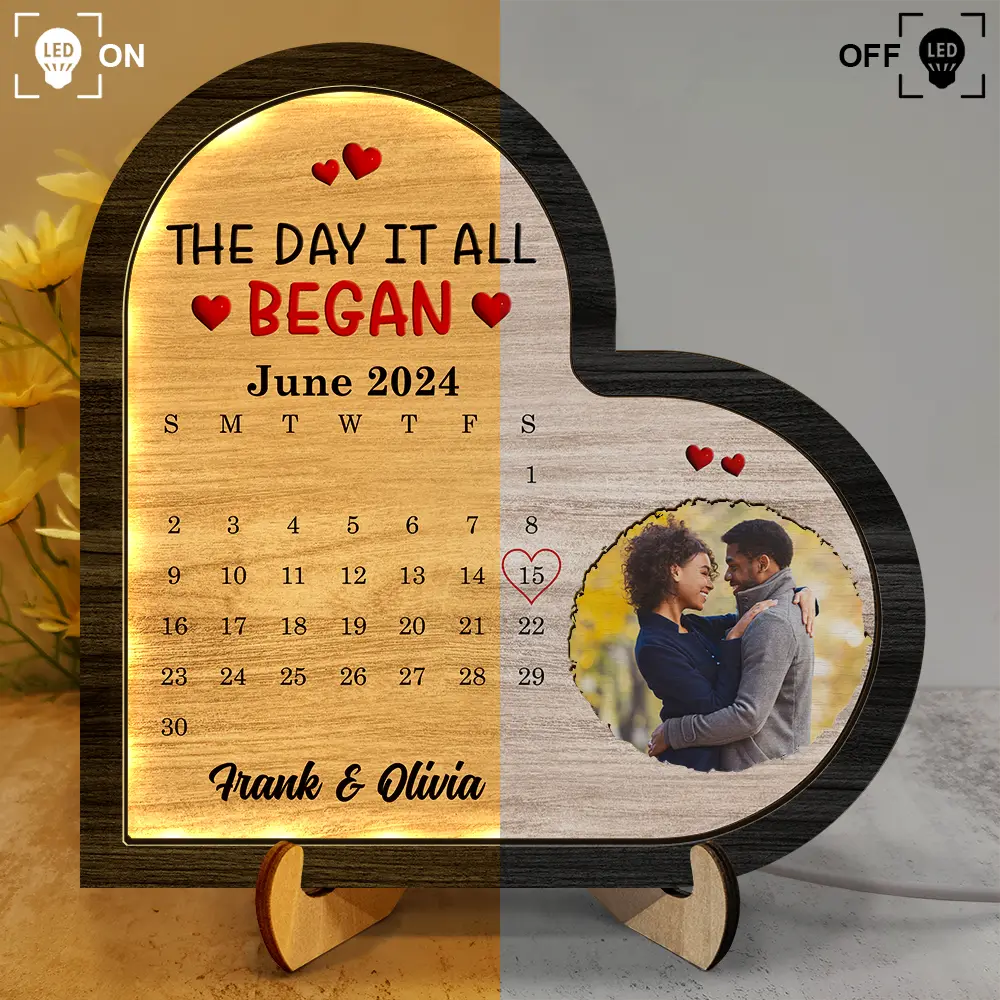 Gift For Couples,Gift For Husband,Gift For Wife,Gift For Girlfriend,LGBT,Love - Custom Photo Calendar The Day It All Began - Personalized LED Light Wooden Plaque