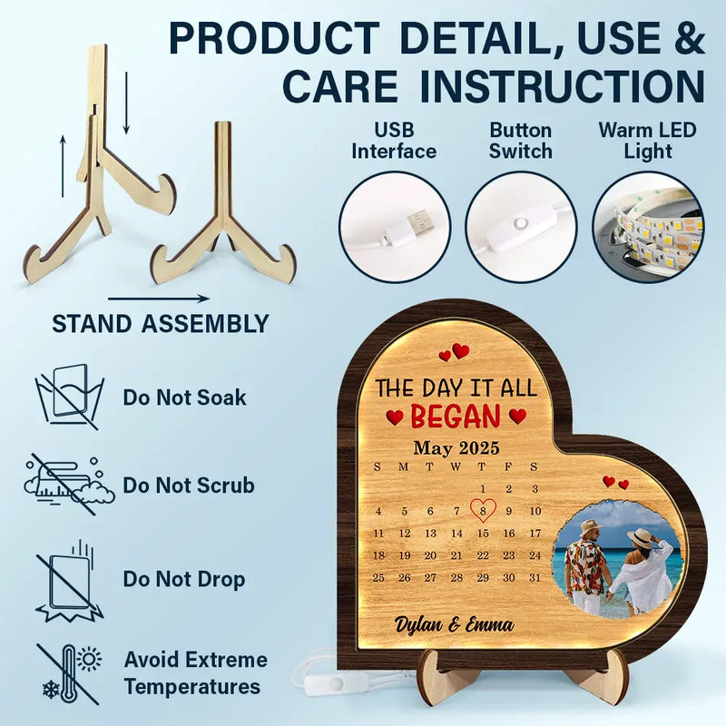 Gift For Couples,Gift For Husband,Gift For Wife,Gift For Girlfriend,LGBT,Love - Custom Photo Calendar The Day It All Began - Personalized LED Light Wooden Plaque