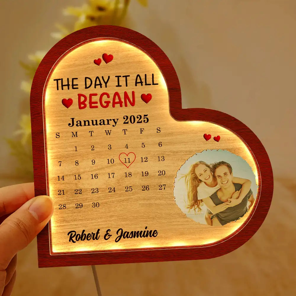 Gift For Couples,Gift For Husband,Gift For Wife,Gift For Girlfriend,LGBT,Love - Custom Photo Calendar The Day It All Began - Personalized LED Light Wooden Plaque