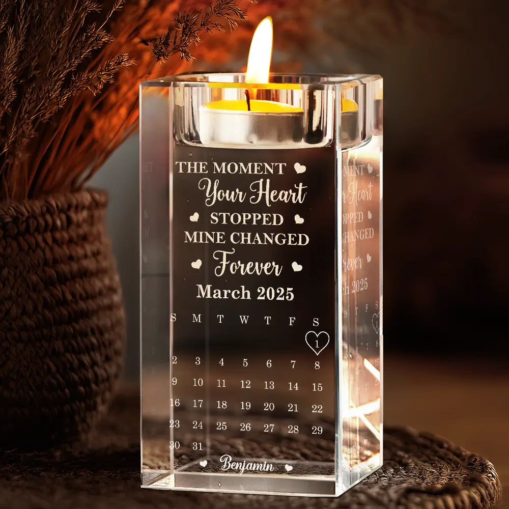 Memorial, Family, Parents, Gift For Grandparents, Sad - Calendar The Moment Your Heart Stopped Mine Changed Forever - Personalized Crystal Candle Holder