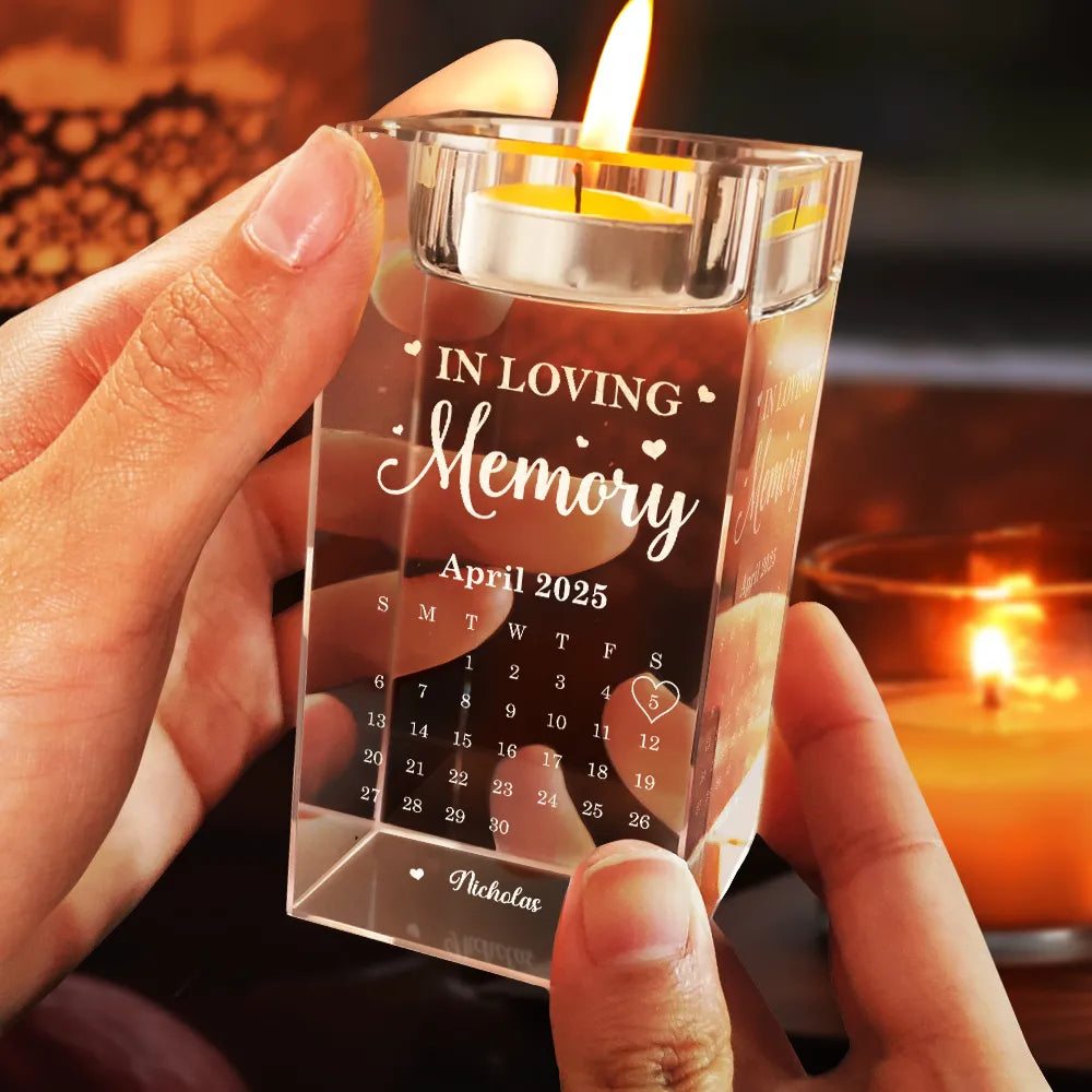 Memorial, Family, Parents, Gift For Grandparents, Sad - Calendar The Moment Your Heart Stopped Mine Changed Forever - Personalized Crystal Candle Holder