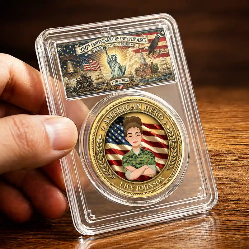 America 250th,Independence Day,Family,Proud,Vector - Camouflage Man Woman American Hero - Personalized Commemorative Keepsake Coin