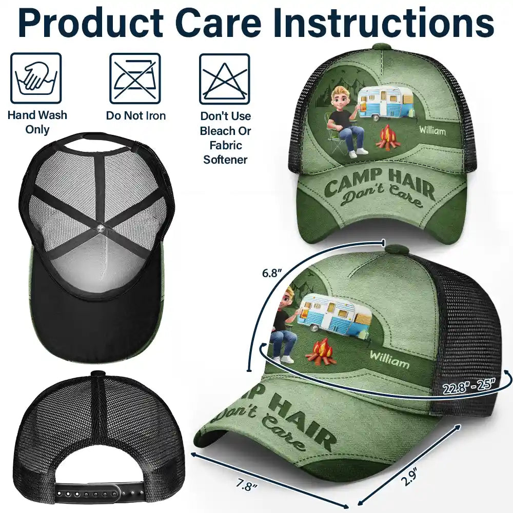 Camping,Campsite,Gift For Yourself,Gift For Women,Gift For Wife,Gift For Mother,Gift For Girlfriend,Happy,Gift For Men - Camp Hair Don't Care Camping - Personalized Mesh-back Casual Cap
