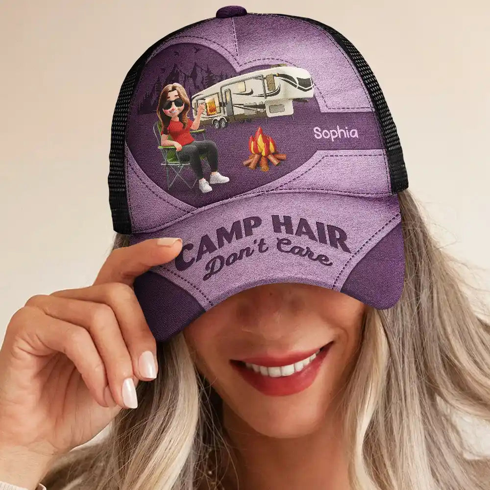 Camping,Campsite,Gift For Yourself,Gift For Women,Gift For Wife,Gift For Mother,Gift For Girlfriend,Happy,Gift For Men - Camp Hair Don't Care Camping - Personalized Mesh-back Casual Cap

