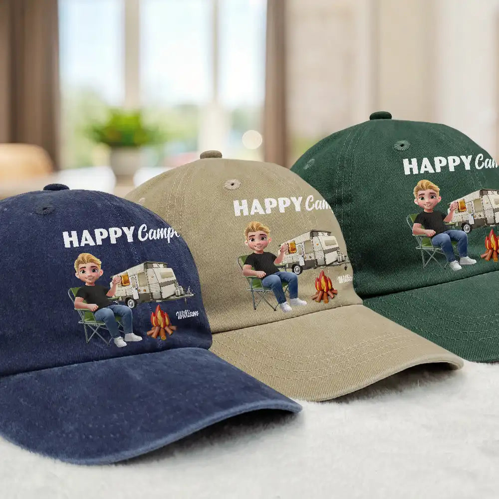 Camping,Campsite,Gift For Yourself,Gift For Women,Gift For Wife,Gift For Mother,Gift For Girlfriend,Happy,Gift For Men - Camp Hair Don't Care Camping - Personalized Vintage Washed Denim Cap