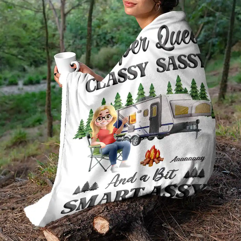 Gift For Yourself, Gift For Women, Happy, Camping - Camper Queen Classy Sassy - Personalized Fleece Blanket, Sherpa Blanket