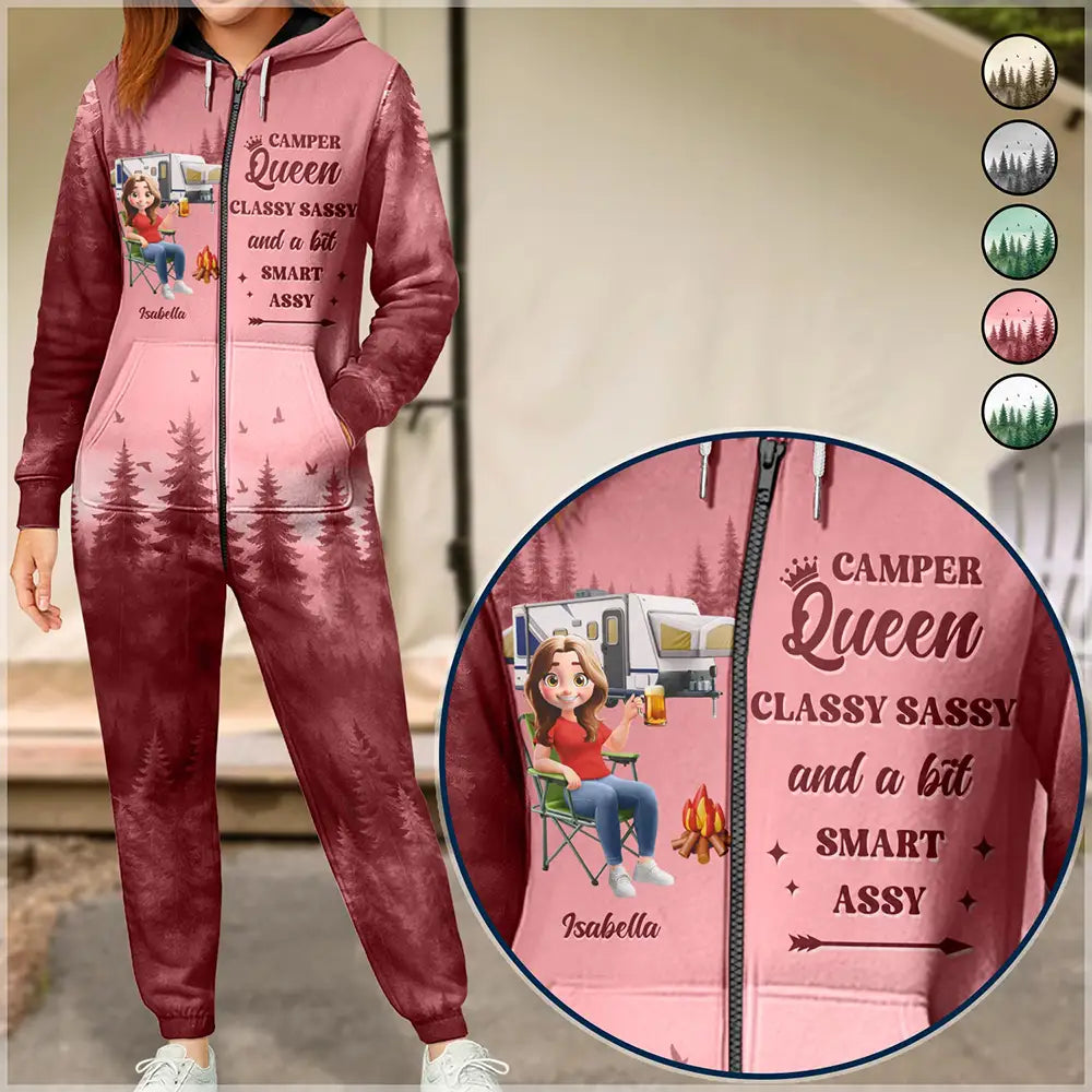 Gift For Yourself,Gift For Women,Happy,Camping - Camper Queen Classy Sassy - Personalized Overall Onesie Hooded Jumpsuit