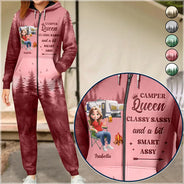 Gift For Yourself,Gift For Women,Happy,Camping - Camper Queen Classy Sassy - Personalized Overall Onesie Hooded Jumpsuit