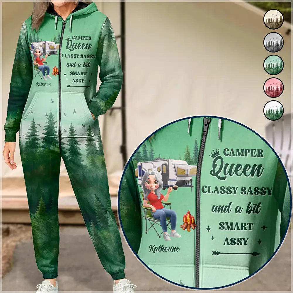 Gift For Yourself,Gift For Women,Happy,Camping - Camper Queen Classy Sassy - Personalized Overall Onesie Hooded Jumpsuit