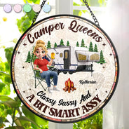 Gift For Yourself,Gift For Women,Happy,Camping - Camper Queen Classy Sassy - Personalized Stained Glass Window Hanging Suncatcher