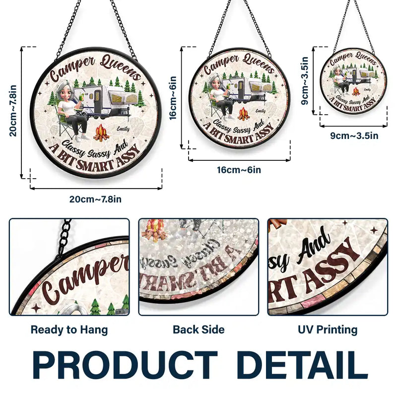 Gift For Yourself,Gift For Women,Happy,Camping - Camper Queen Classy Sassy - Personalized Stained Glass Window Hanging Suncatcher