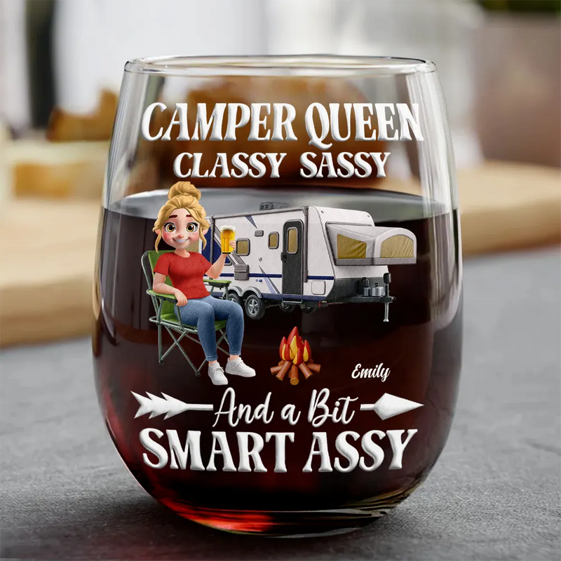 Gift For Yourself,Gift For Women,Happy,Camping - Camper Queen Classy Sassy - Personalized Stemless Wine Glass
