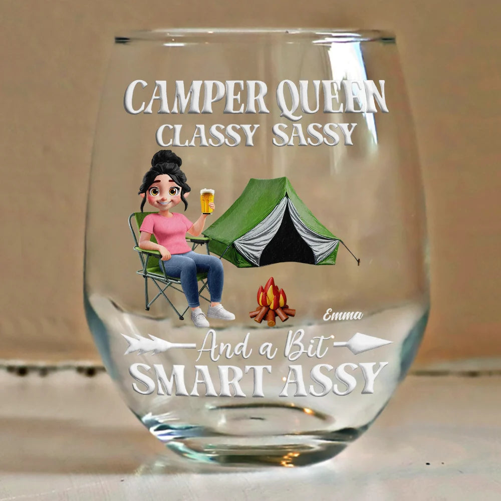 Gift For Yourself,Gift For Women,Happy,Camping - Camper Queen Classy Sassy - Personalized Stemless Wine Glass