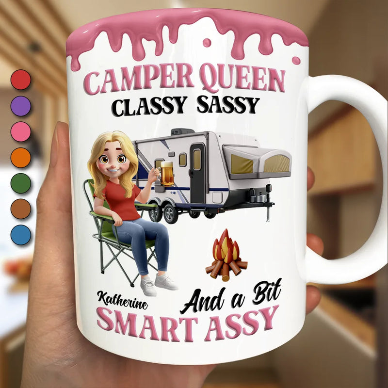Gift For Women, Gift For Yourself, Camping, Campsite, Happy - Camper Queen Classy Sassy - Personalized White Edge-to-Edge Mug